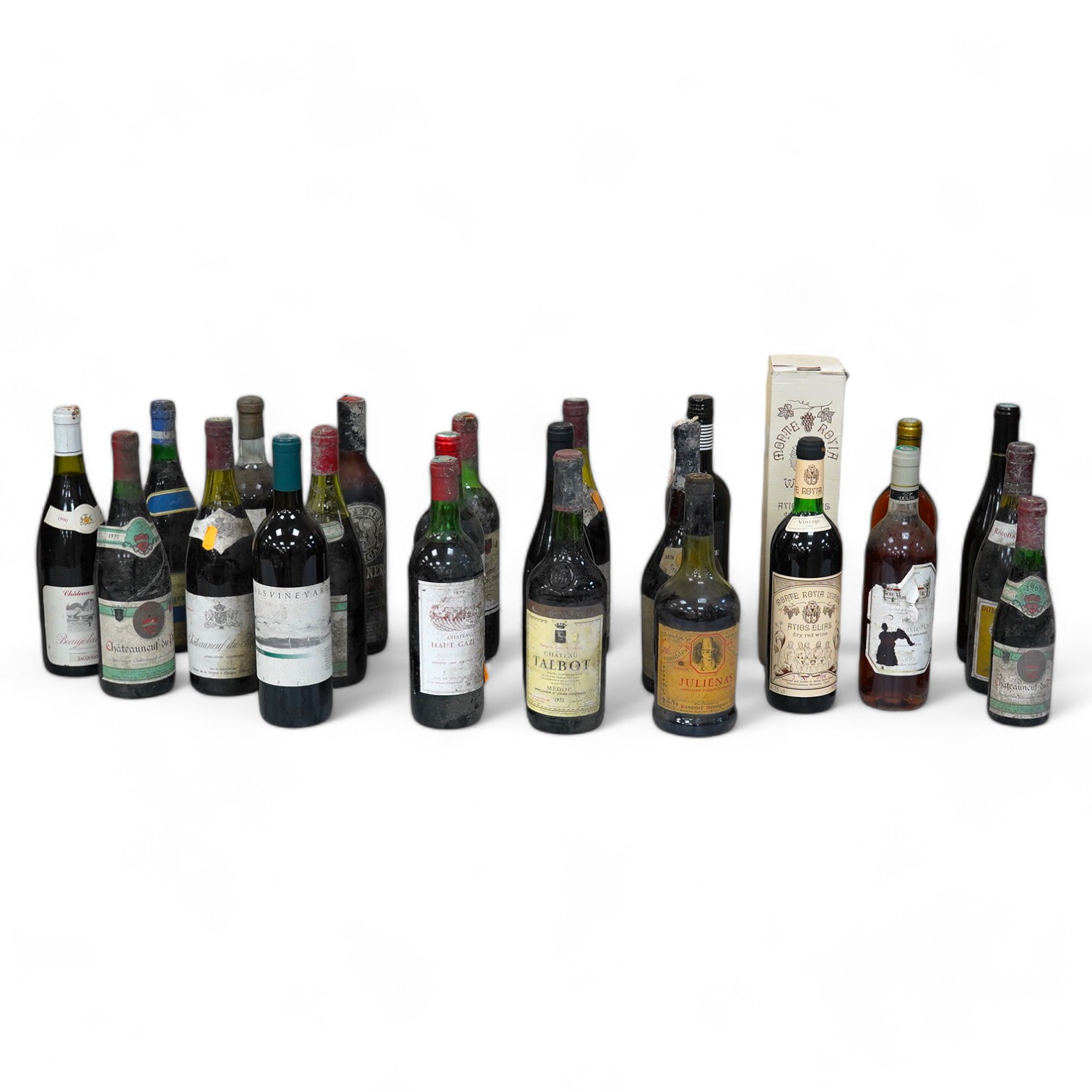 Collection of mixed wine to include Chateauneuf du Pape 1979, 1982, 1969, Chateau Carras 1978 and Chateau Haut Gazeau. Condition - storage unknown